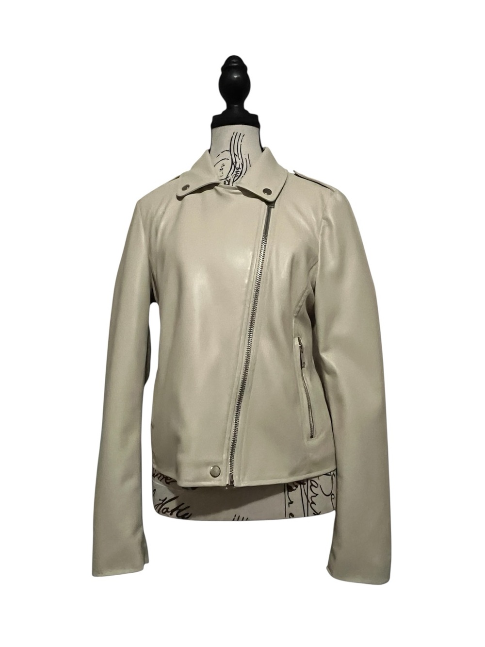 Bagatelle Cream Faux Leather Moto Jacket Womens Medium Beige Asymmetric Zip